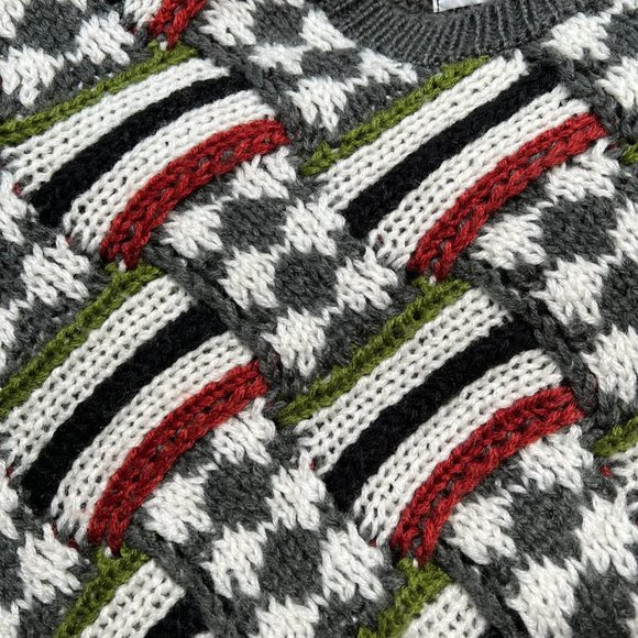 Vintage Chunky Knit Woven Plaid Argyle Striped Oversized Sweater Slouchy Cozy XL - Picture 7 of 8